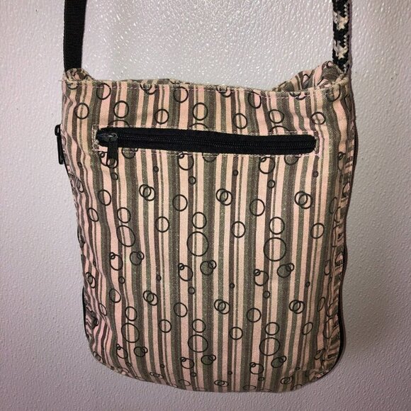 Kavu Pink Gray Striped Crossbody Strap Pockets Casual Canvas Sling Bag Purse - Picture 7 of 16